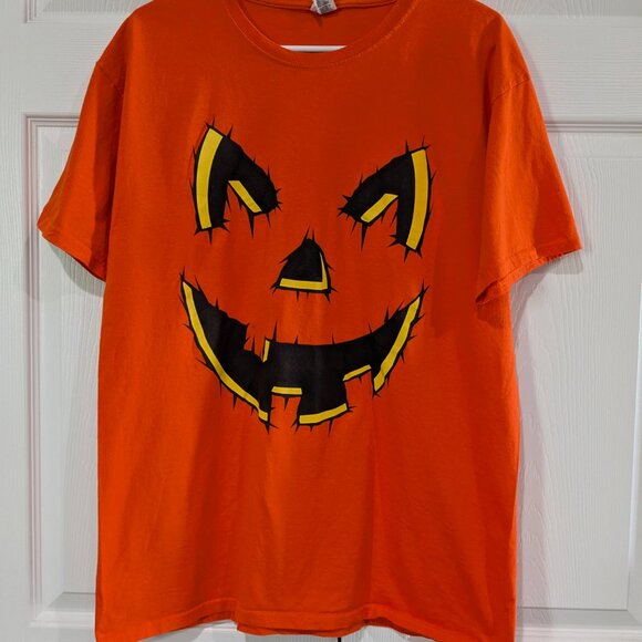 Halloween Men's Jack-O-Lantern Pumpkin Face T-Shirt, Large, Orange, 100% Cotton - Picture 2 of 10